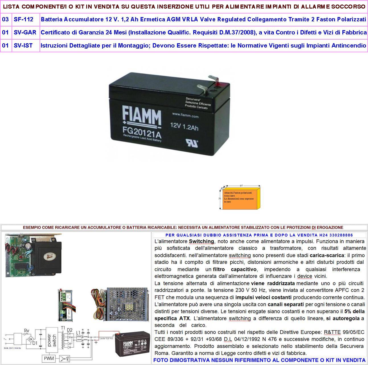 Batteria Accumulatore 12 V 1,2 Ah Tre Pezzi Collegamento Tramite 2 Faston 5 mm Polarizzati Ermetica AGM VRLA Valve Reg-1