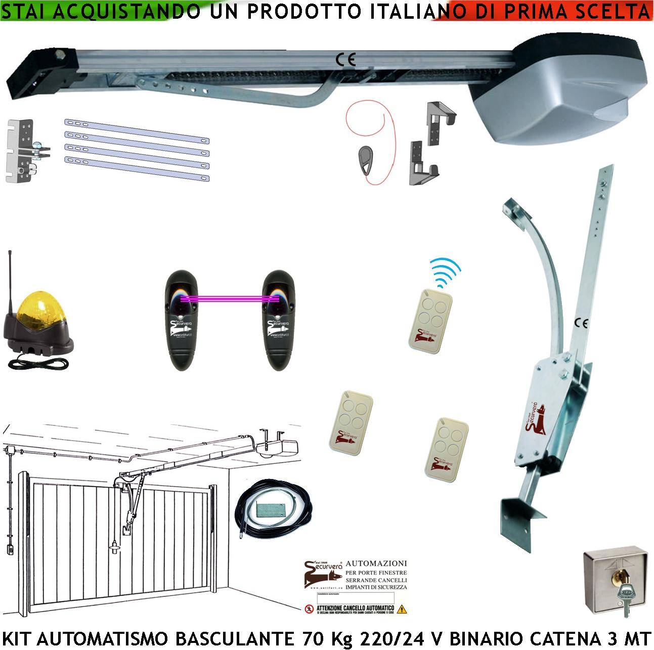 Basculante 70 Kg Kit Automatismo Motore 220/24 V da Soffitto Faro Antenna Selettore Binario Alluminio Catena Acciaio 3-0