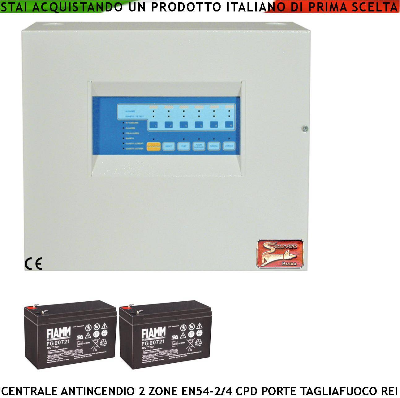 CENTRALE ANTINCENDIO 2 ZONE GESTISCE 65 SENSORI COMANDA BLOCCA PORTE R.E.I ALLARME TELEFONICO SIRENE SPEGNIMENTO 2 BAT-0