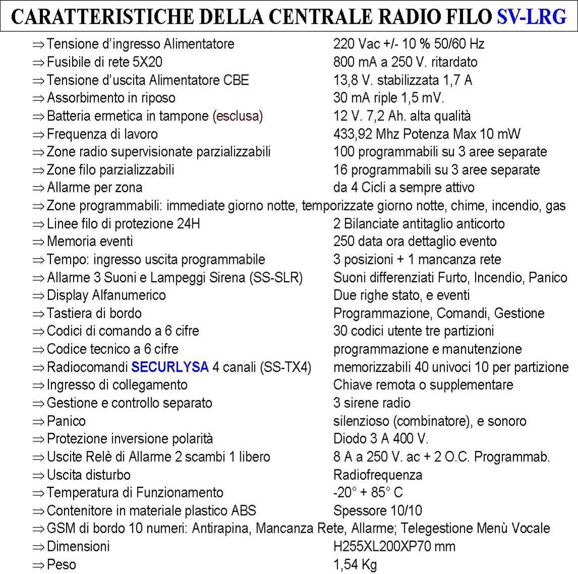 Centrale Allarme 100 Zone Radio 16 Filo Lysa GSM Radio 3 Aree 2 Radiocomandi Bidirezionali 4 Canali Memoria Eventi Bat-1