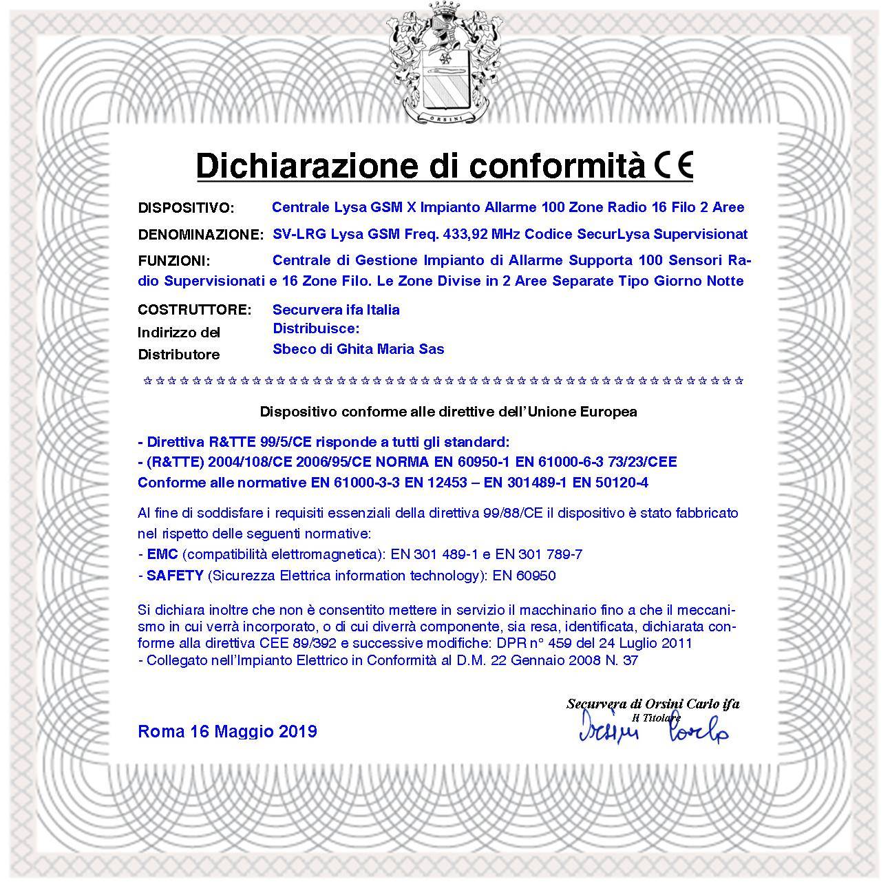Centrale Allarme 100 Zone Radio 16 Filo Lysa GSM Radio 3 Aree 2 Radiocomandi Bidirezionali 4 Canali Memoria Eventi Bat-2