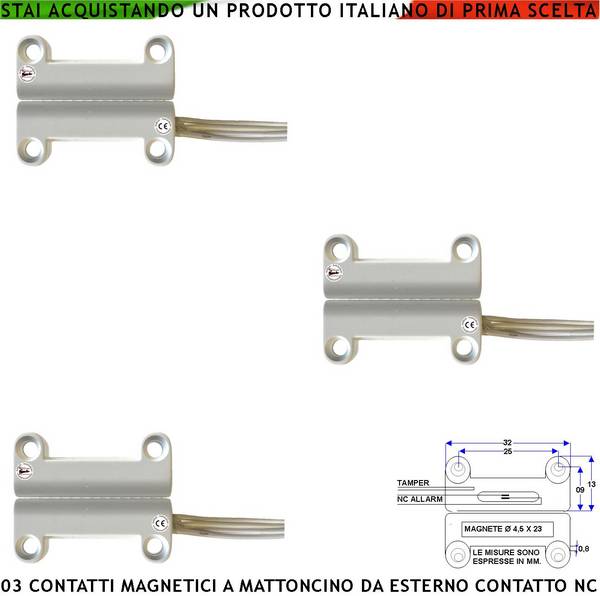 Contatto Magnetico da Esterno 3 Pezzi per Antifurto Finestre Infissi Contatto Reed NC Ampolla Sottovuoto Sensibilità M