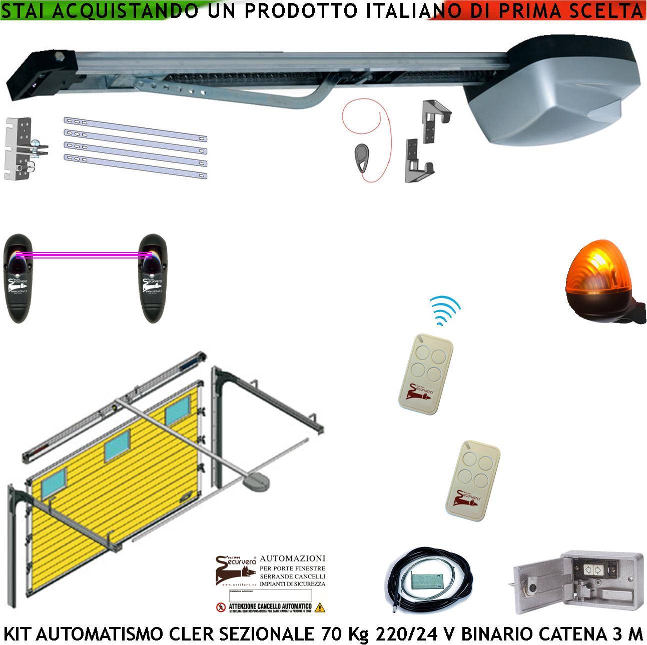 Porta Sezionale 70 Kg Kit Automazione da Soffitto 220/24 V 2 Radiocomandi Fotocellule Faro a Led Binario Alluminio 3 M-0