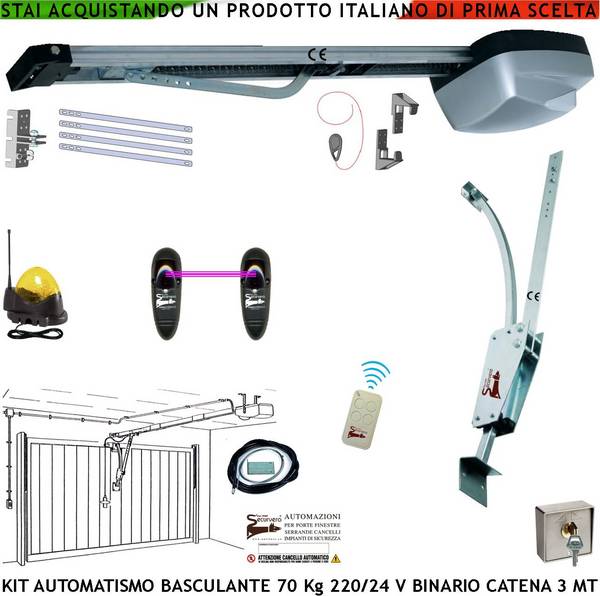 Basculante 70 Kg Kit Automatismo Motore 220/24 V da Soffitto Faro Antenna Selettore Binario Alluminio Catena Acciaio 3