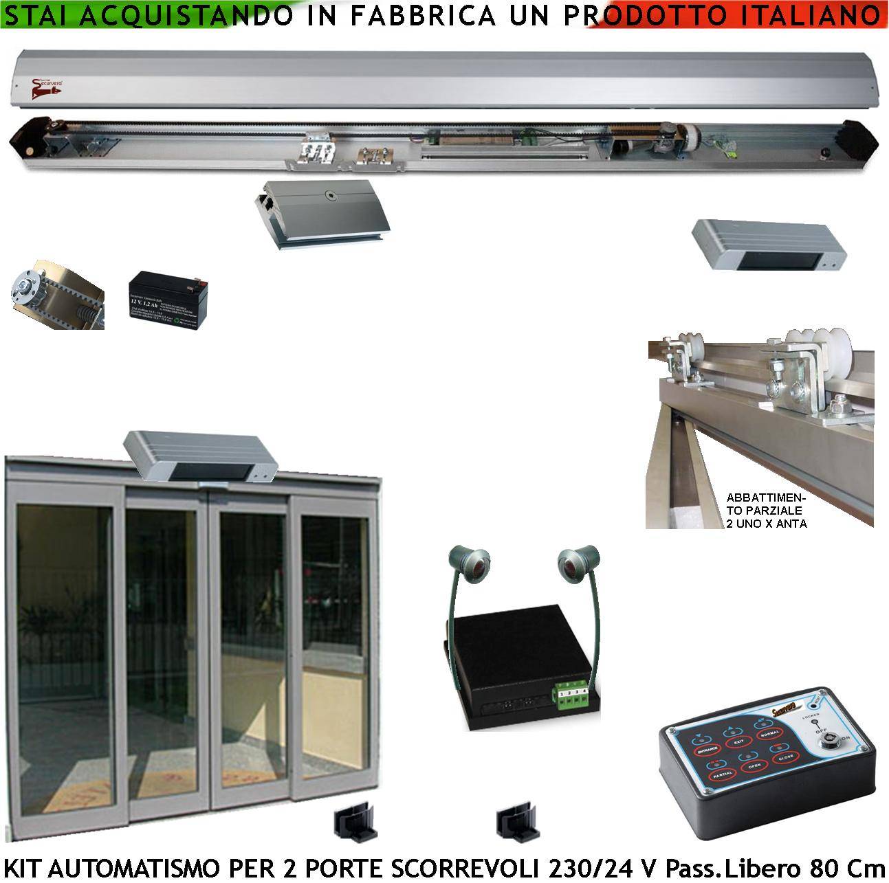 Kit Automazione Per 2 Porte Scorrevoli da 450 mm Passaggio Libero 800 mm Montate Trasmissione a Cinghia 2 Pinze Ruote-0