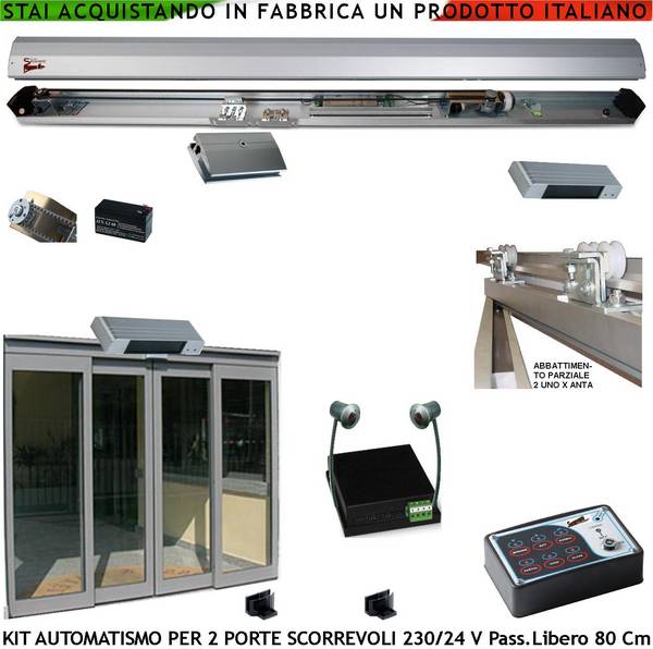 Kit Automazione Per 2 Porte Scorrevoli da 450 mm Passaggio Libero 800 mm Montate Trasmissione a Cinghia 2 Pinze Ruote