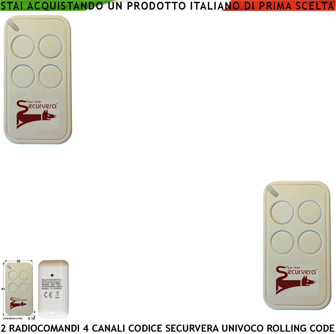 Radiocomando 2 Telecomandi Frequenza di Trasmissione 433,92 MHz 4 canali Potenza 1 mW Una Codifica di Sicurezza Univoc-0