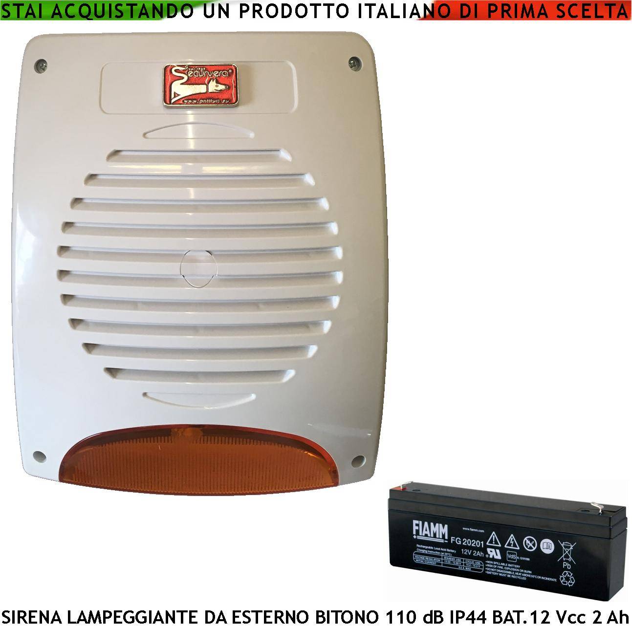 Sirena Lampeggiante a Led da Esterno Tromba Magnetodinamica Melodia Bitono 110 dB Batteria 12 V 2 Ah Assorbimento 1,9-0