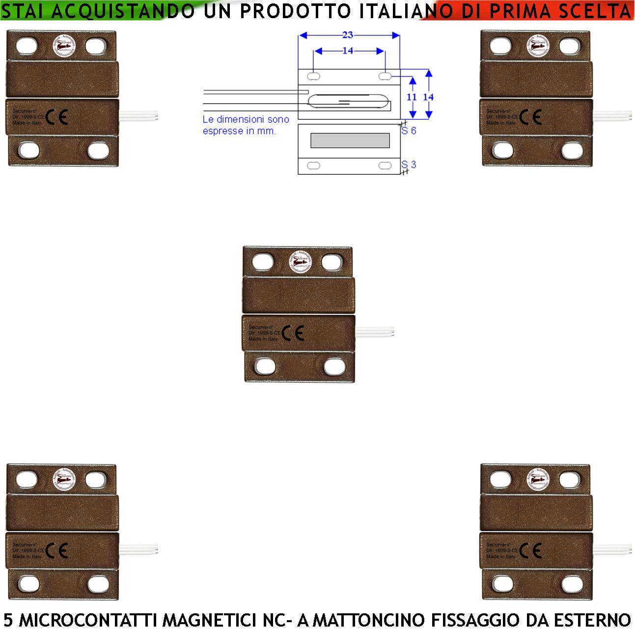 Mini Sensore Magnetico Marrone Antifurto Per Infissi 5 Pezzi Contatto Reed NC in Ampolla Sottovuoto Campo Attrazione 1-0