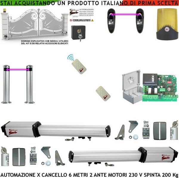 Automatismo Cancello 6 Metri 2 Ante Kit Motori Elettromeccanici 230 V Sblocco Corsa 500mm Spinta 2 Q.li Centrale 2 Cop