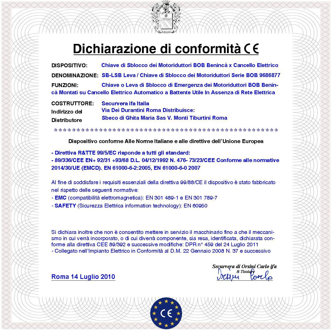Chiave 9686877 Sblocco Emergenza del Motoriduttore BOB della Benincà Leva Che Apre il Cancello in Mancanza di Rete Ele-3