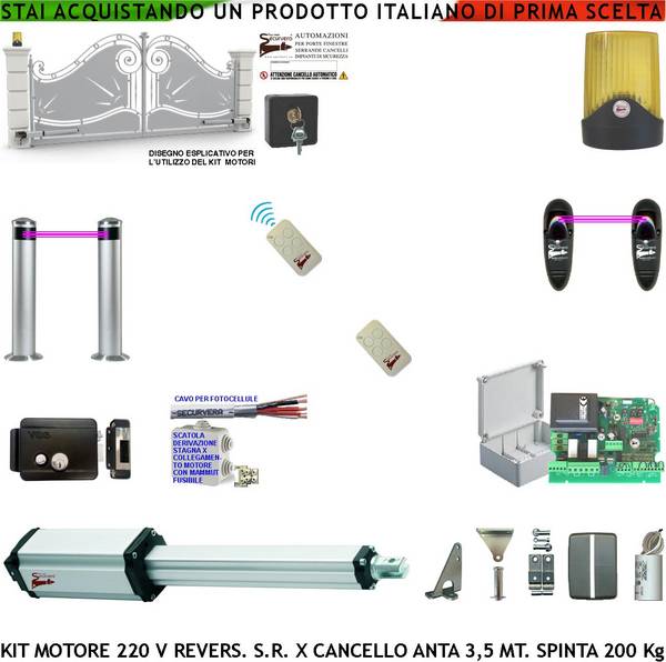Cancello 3,5 Metri Kit Motore Elettromeccanico 220 V Stelo Reversibile 600mm Spinta 250Kg Centrale 2 Coppie Fotocellul