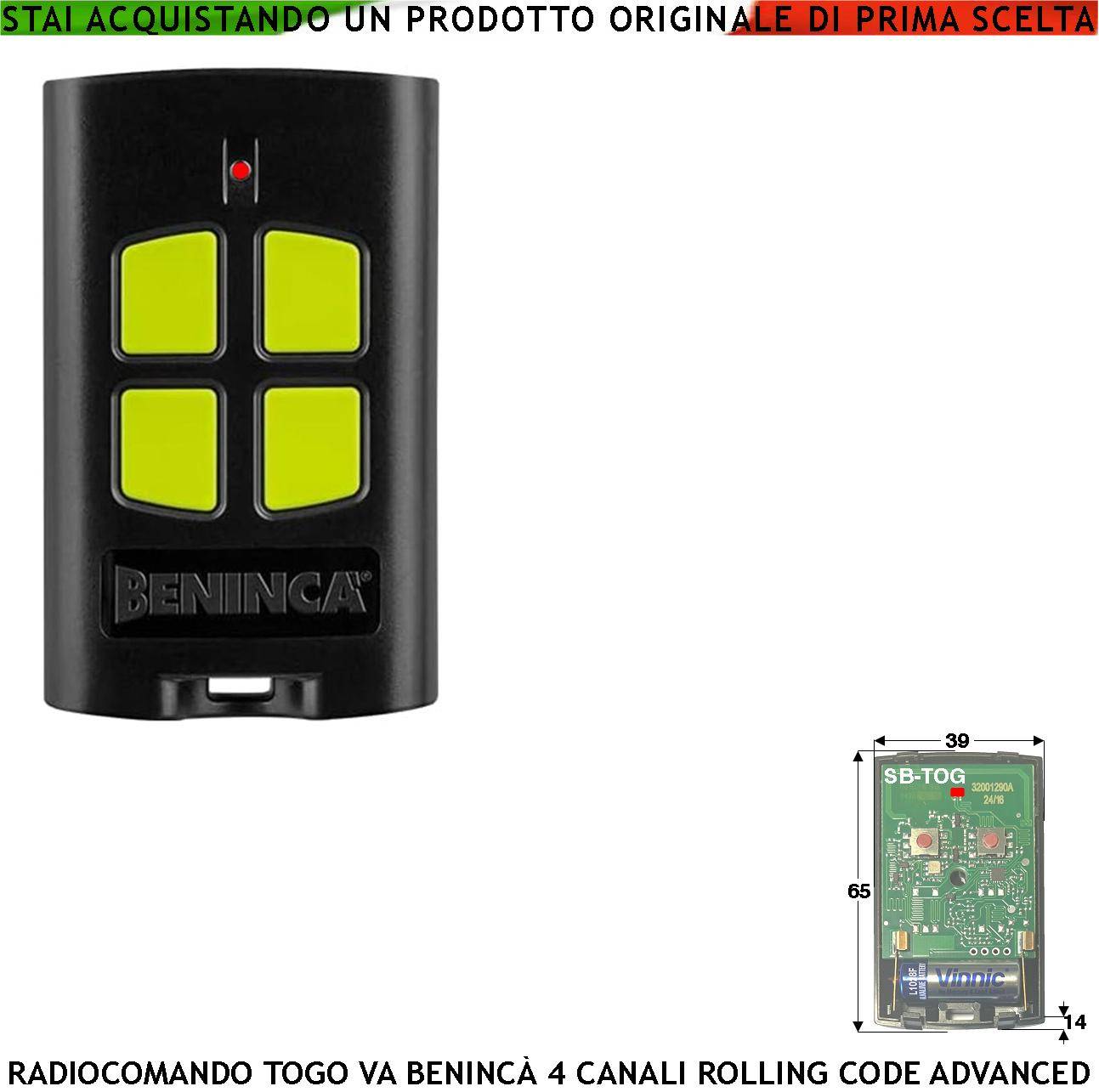 Telecomando Radiocomando 4 canali Frequen. 433,92 MHz Portata Radio 60/100 MT TO.GO Codice Advanced Rolling Code 128 B-0
