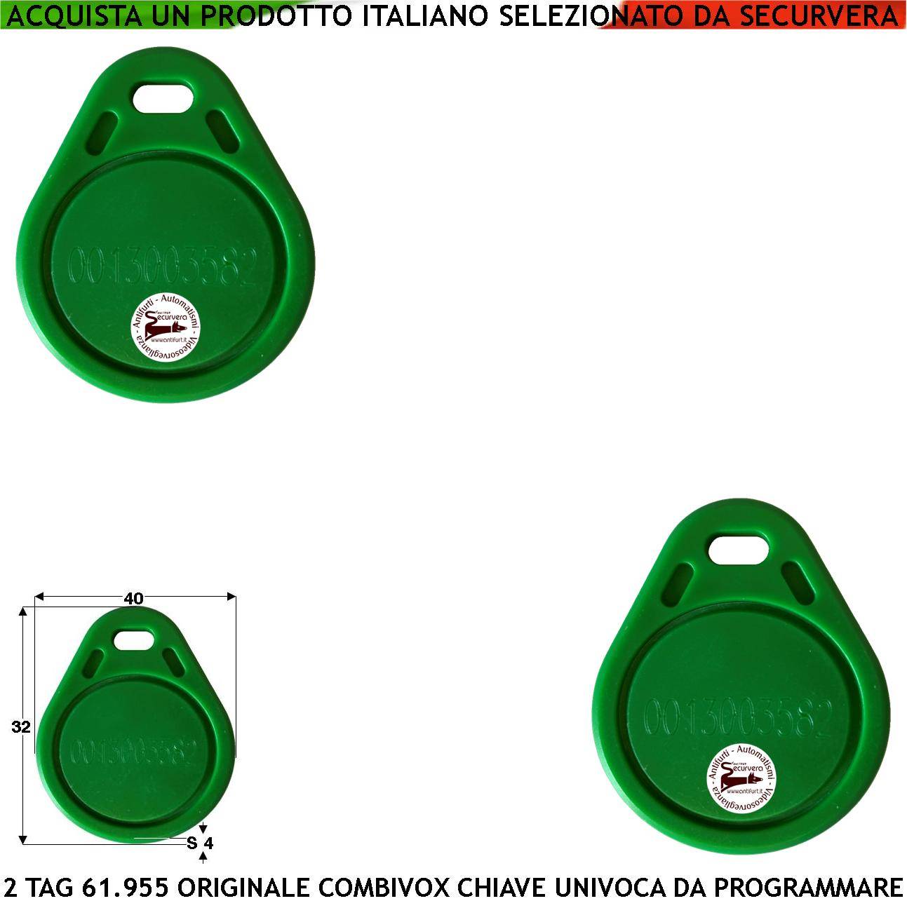 TAG RFID 2 Trasponder di Prossimità Alta Sicurezza Codice Base Combivox 61.955 Univoco Frequenza di Lavoro 125 KHz Alt-0