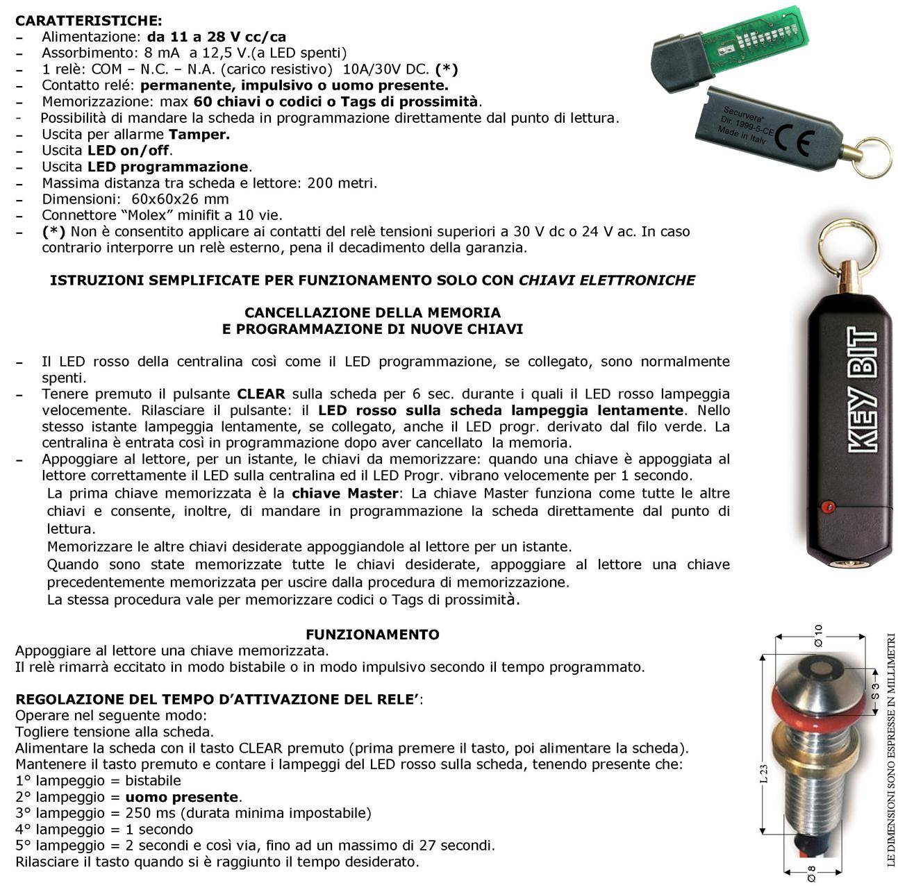 Chiave Elettronica Compatibile Amica Elisa Combivox Codici Sicurezza Personali 64 Bit C408 KeyBit Prossimità Attiva Co-2