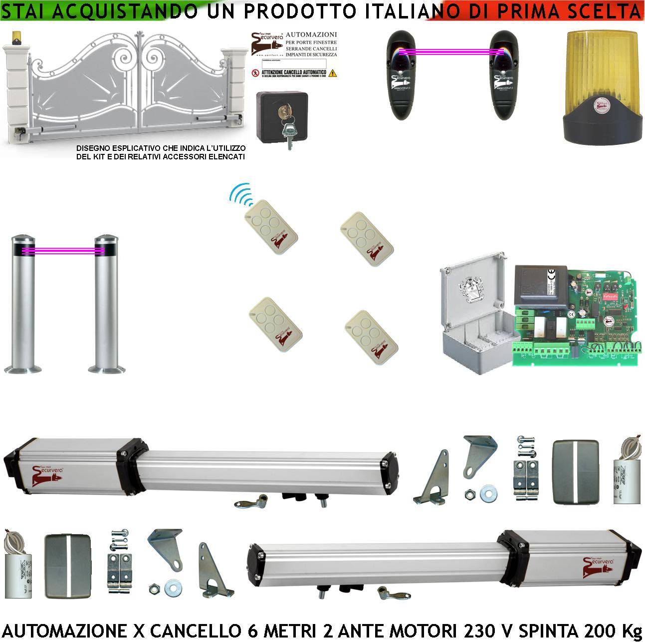 Automatismo Cancello 6 Metri 2 Ante Kit Motori Elettromeccanici 230 V Sblocco Corsa 500mm Spinta 2 Q.tali Centrale 2 C-0