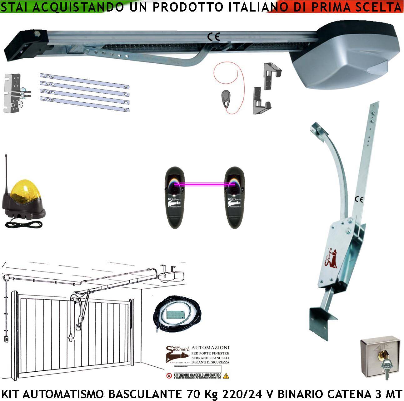 Kit per Porta Basculante 70 Kg Motore 220/24 V da Soffitto Automatico Faro Antenna Selettore Binario Alluminio Catena-0