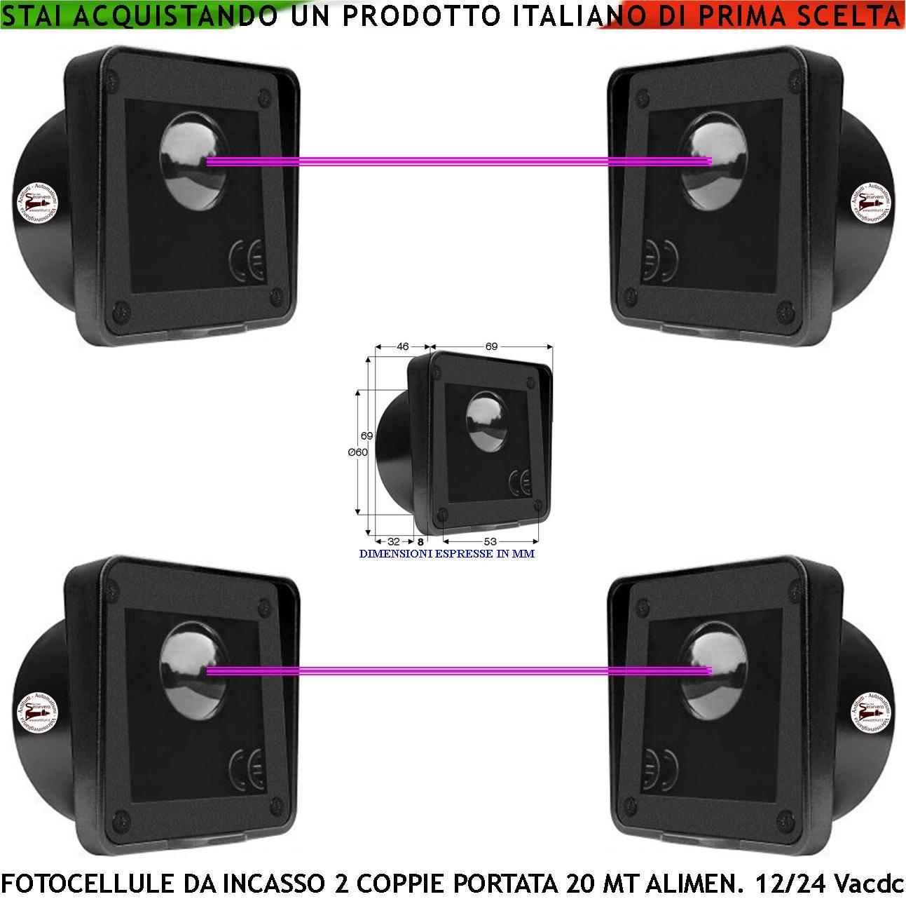Fotocellule TX e RX da Incasso 2 Coppie Sicurezza e Controllo Cancello Elettrico Portata 20 Metri Montaggio a Parete O-0