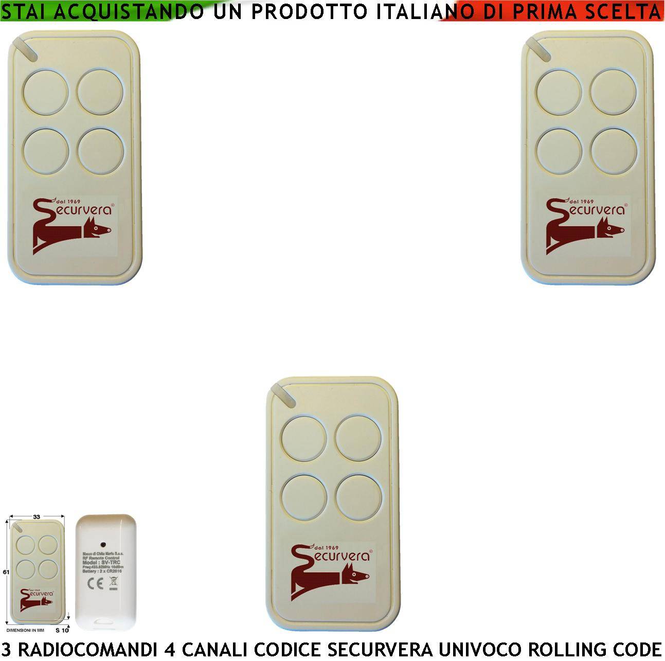 Telecomando Quadricanale 3 Pezzi Frequenza di Trasmissione 433,92 MHz Potenza Trasmessa 1 mW Codifica di Sicurezza Uni-0
