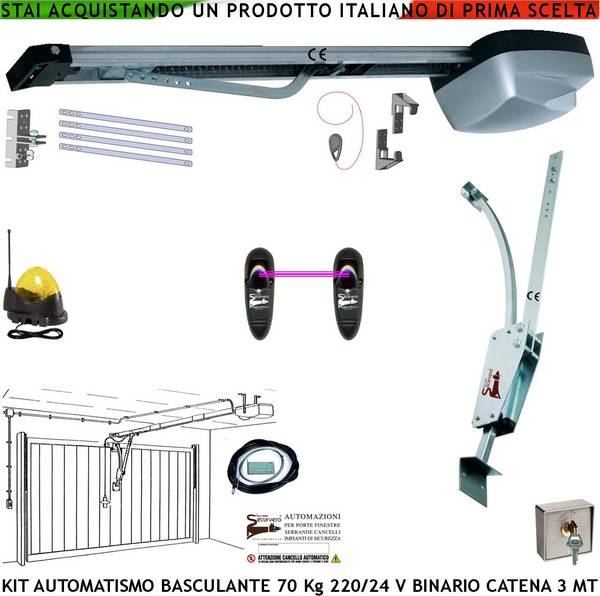 Kit Automatismo per Porta Basculante 70 Kg Motore 220/24 V da Soffitto Faro Antenna Selettore Binario Alluminio Catena
