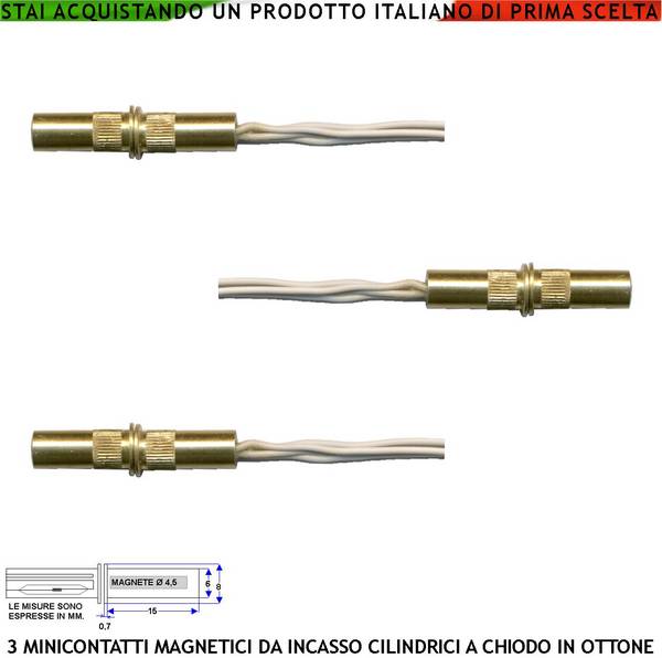 Mini Sensore Magnetico Ottone da Incasso Antifurto Finestre Infissi 3 Pezzi Contatto Reed NC Sottovuoto Sensibilità Ma