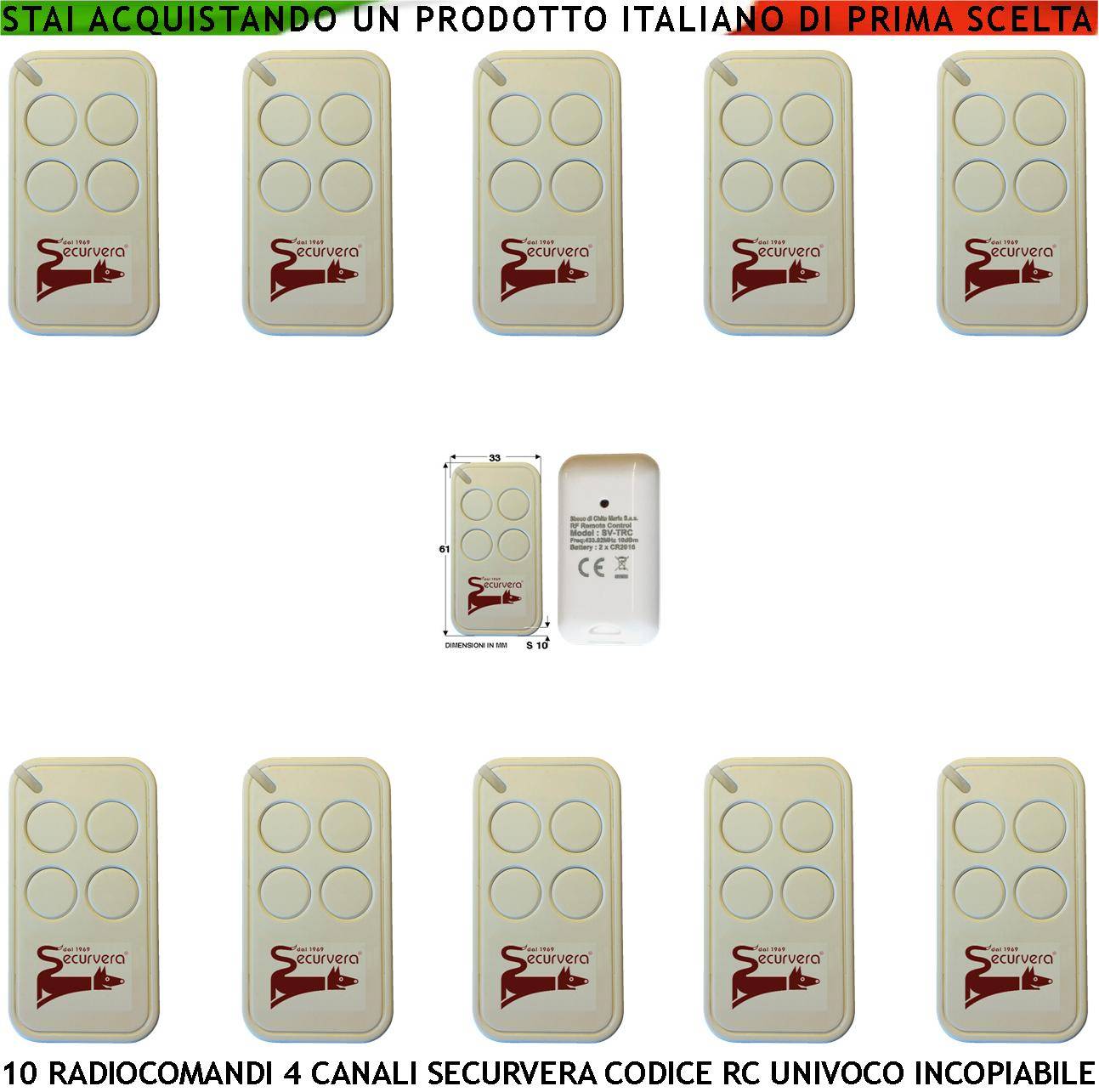 Radiocomando Quadricanale 10 Pezzi Frequenza di Trasmissione 433,92 MHz Potenza Trasmessa 1 mW Codifica di Sicurezza U-0