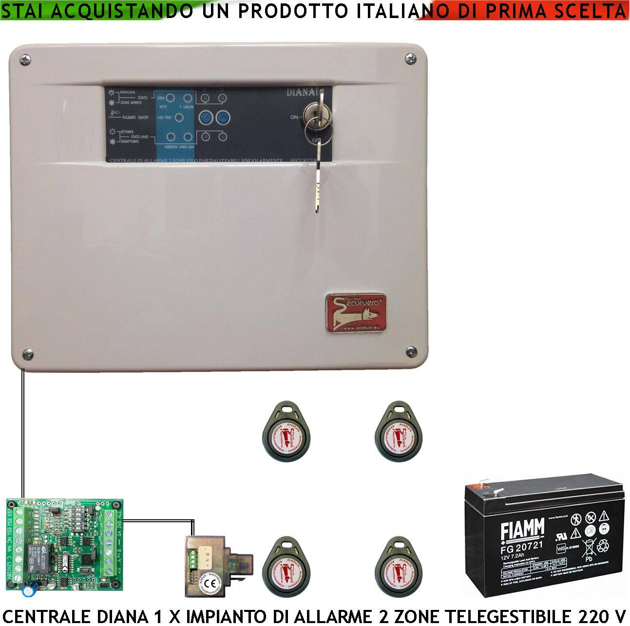 Centrale Diana Antifurto 2 Zone Batteria 12 V 7 Ah per Impianto di Allarme Filo. 4 Chiavi TAG. 2 Meccaniche Gestisce S-0