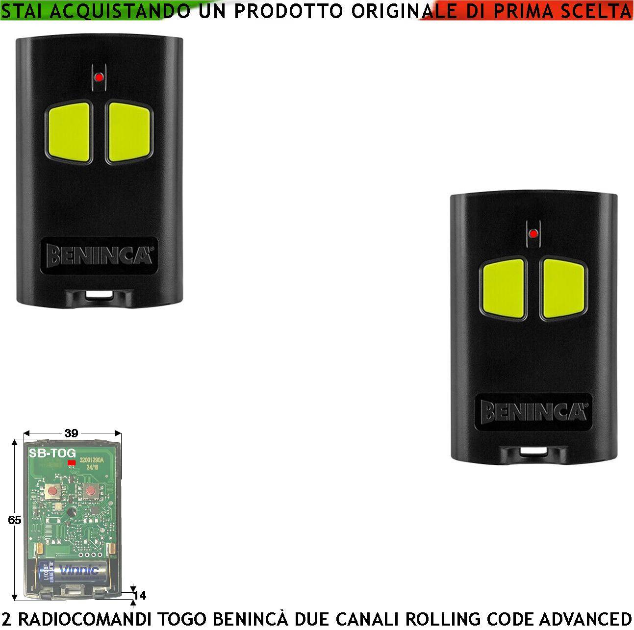 Radiocomando TO.GO 2 Canali 2 Trasmettitori Freq. 433,92 MHz Portata Radio 60/100 MT Codice Advanced Rolling Code 128-0