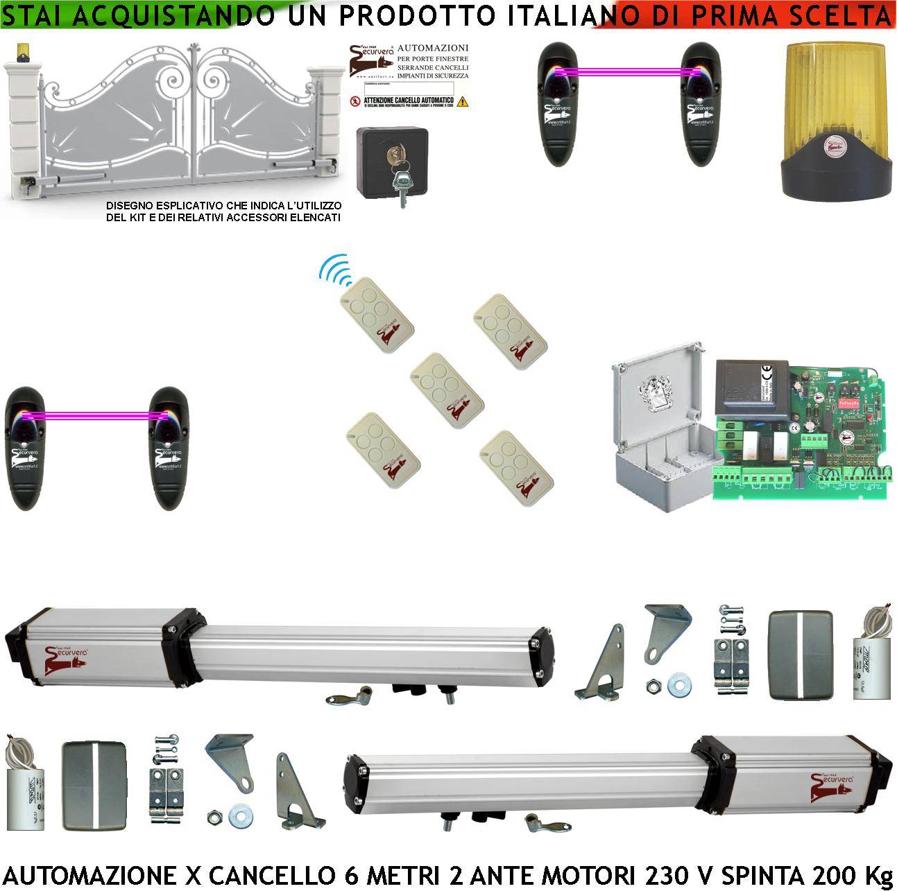 Kit Per Cancello Elettrico 6 Metri 2 Ante da 3 MT 2 Motori Elettromeccanici 230 V Corsa 500 mm Spinta 2 Q.li Sblocco S-0
