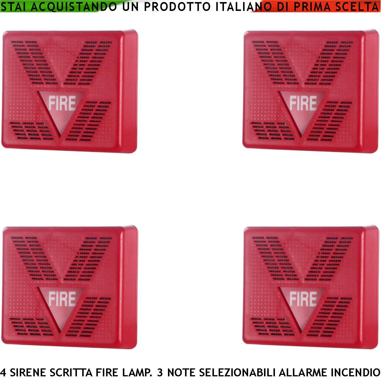 SIRENA ALLARME INCENDIO ROSSA 4 PEZZI SEGNALAZIONE MULTISUONO ALIMENTAZIONE 24 VCC SCRITTA FIRE LAMPEGGIANTE-0