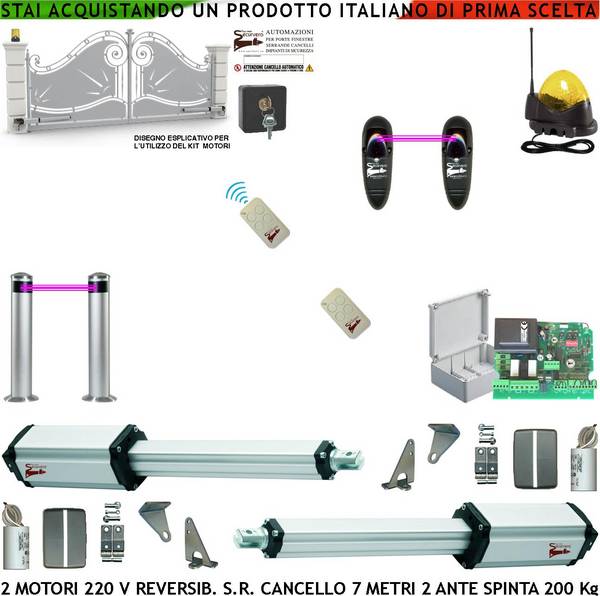 Cancello da 7 Metri 2 Ante da 3,5 MT Kit Automatismo Motori 230 V Stelo Retrattile Reversibile Corsa Stelo 600 mm Spin