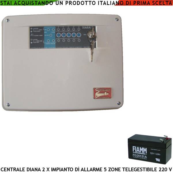 Diana 5 Zone Centrale Allarme Batteria 12 V 1,2 Ah per Impianto Antifurto Filo 2 Chiavi Meccaniche Gestisce Rilevatori