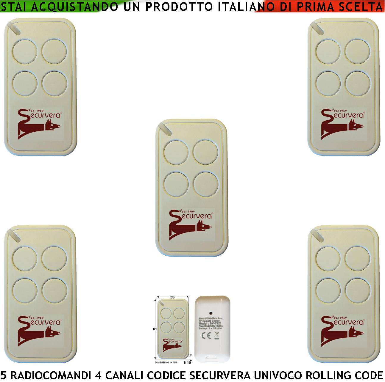 Telecomando Quadricanale 5 Pezzi Frequenza di Trasmissione 433,92 MHz Potenza Trasmessa 1 mW Codifica di Sicurezza Uni-0