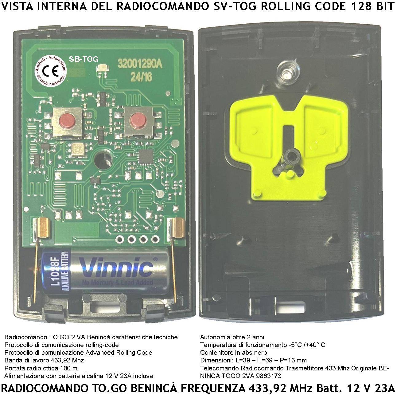 Telecomando Bicanale Frequenza 433,92 MHz Portata Libera 60/100 MT TO.GO Codice Sicurezza Advanced Rolling Code 128 Bi-1