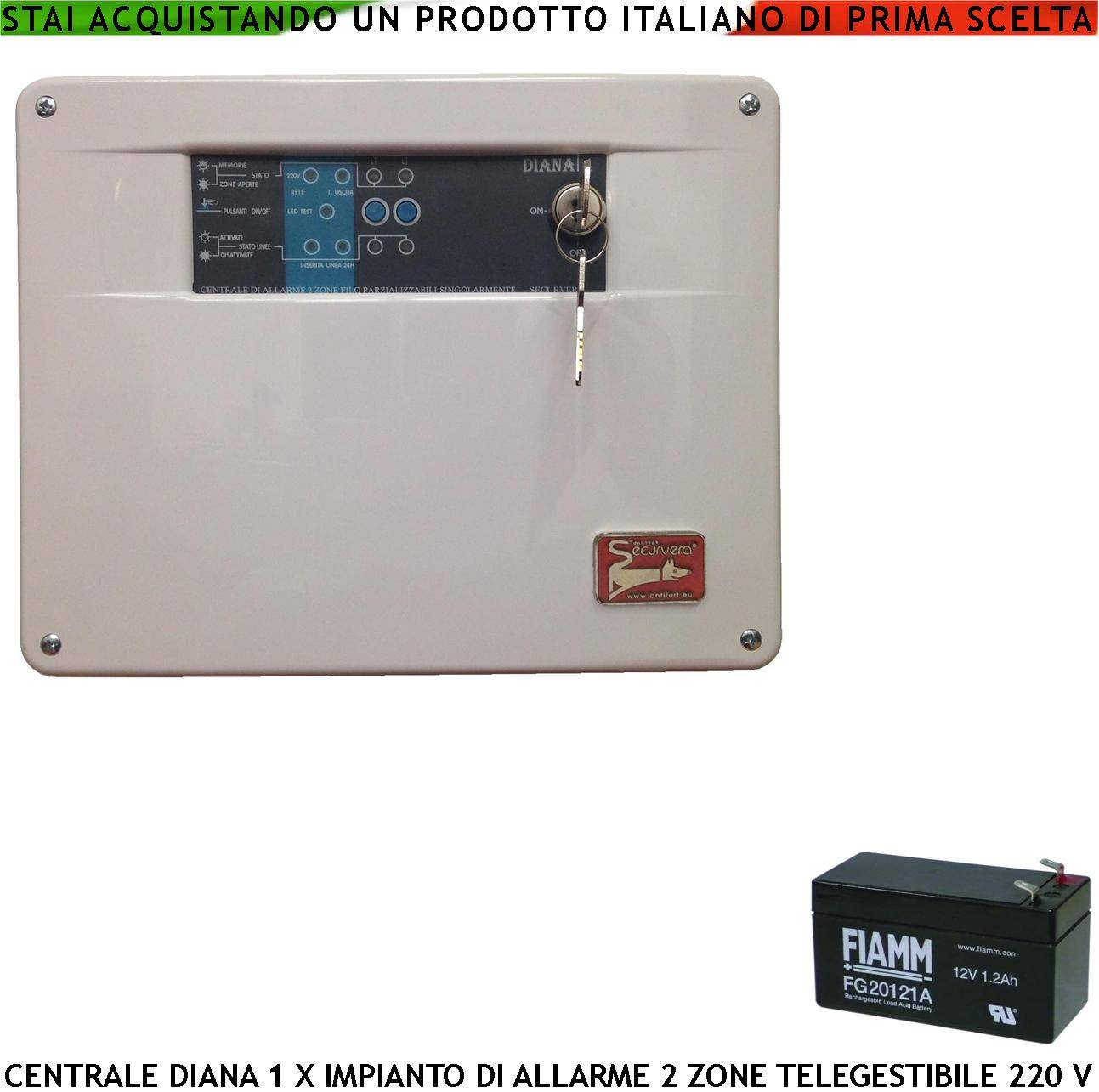 Centrale Antifurto Diana 2 Zone Batteria 12 V 1,2 Ah 2 Chiavi Meccaniche per Impianto di Allarme Filare. Gestisce Sens-0