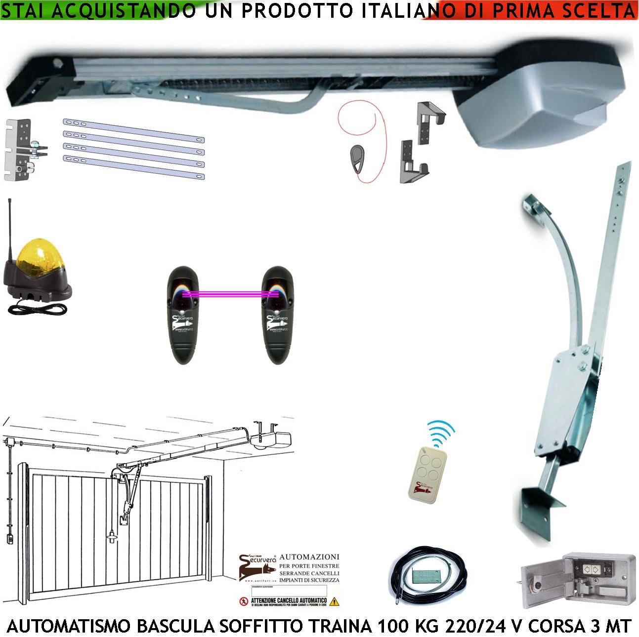 BASCULANTE 100 KG MOTORE 220/24 V SOFFITTO RADIOCOMANDO ARCHETTO OSCILLANTE BLINDINO SBLOCCO FOTOCELLULA FARO ANTENNA-0
