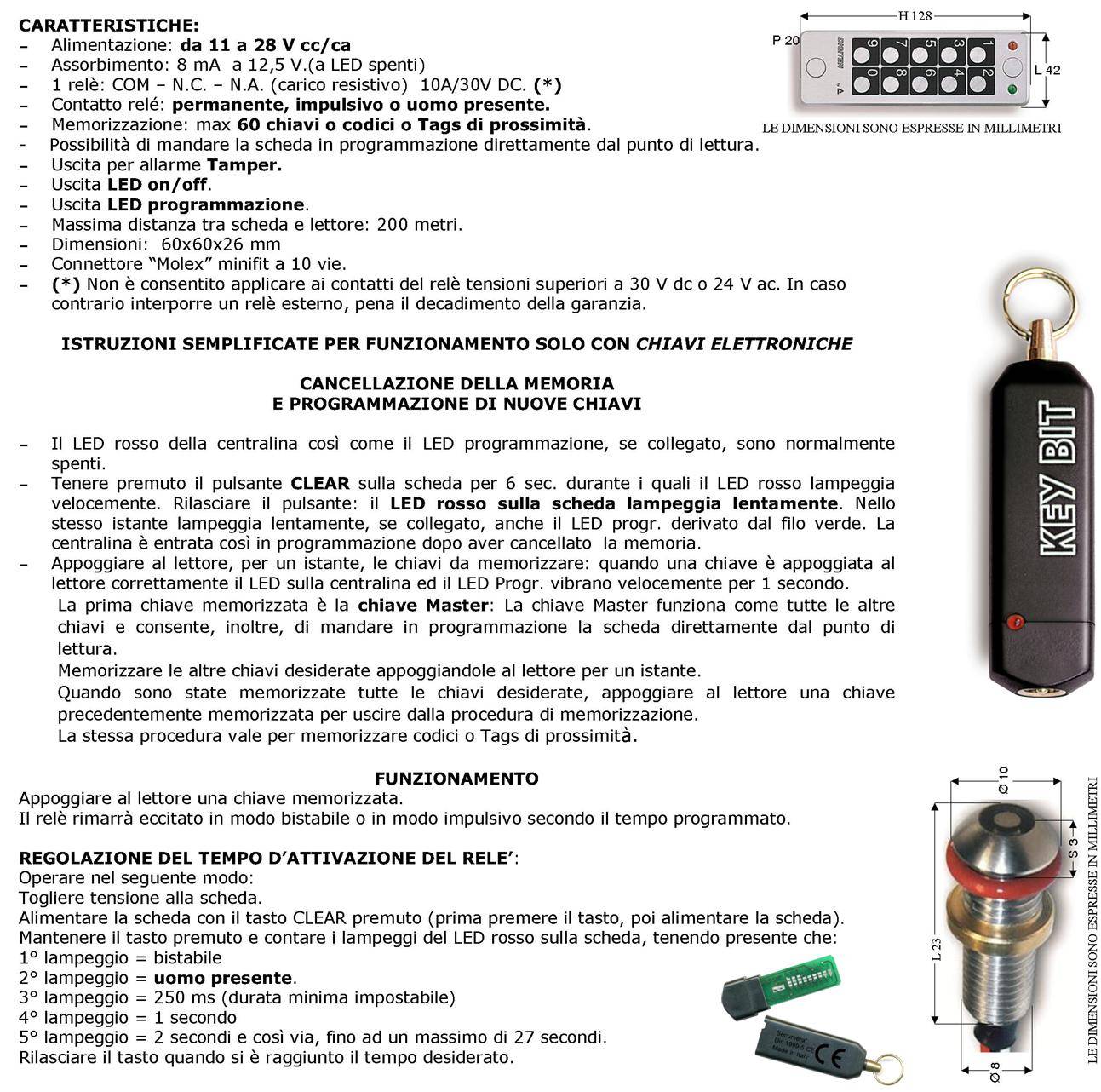 Tastiera Elettronica Esterna Antivandalo IP67 Con Elaboratore Remoto Gestisce 60 Utenti Alimentazione 12/24 V 2 Led 1-2