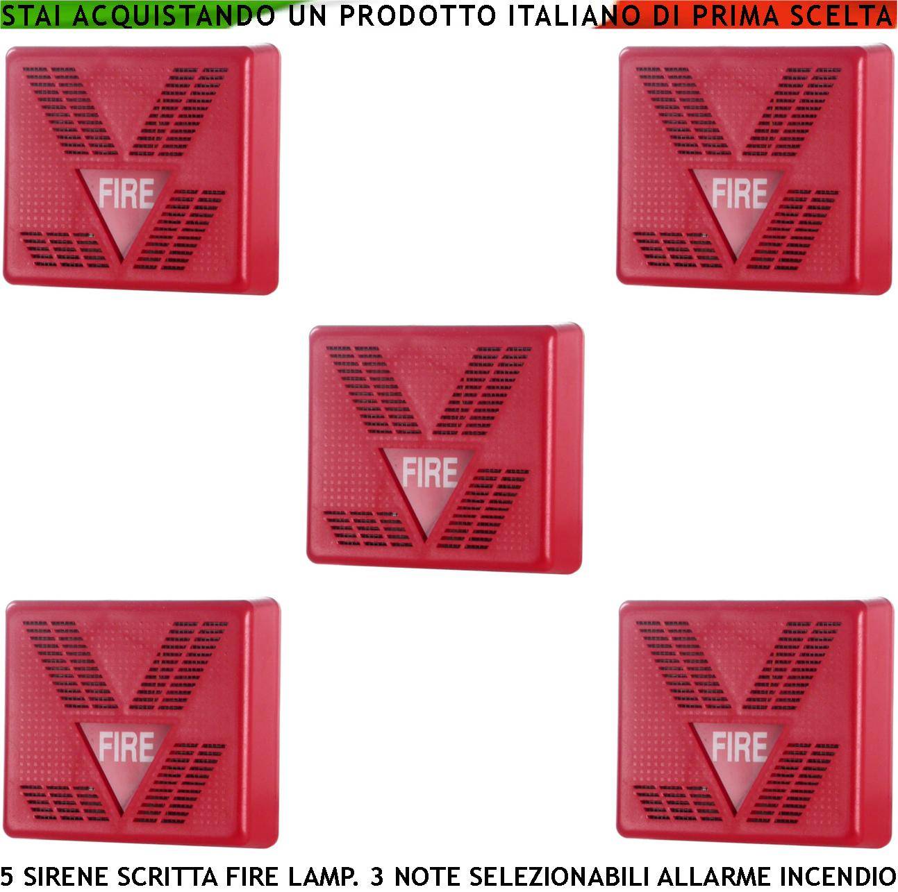 SIRENA ROSSA DA INTERNO 5 PEZZI SEGNALAZIONE ALLARME INCENDIO ALIMENTAZIONE 24 VCC SCRITTA FIRE LAMPEGGIANTE-0