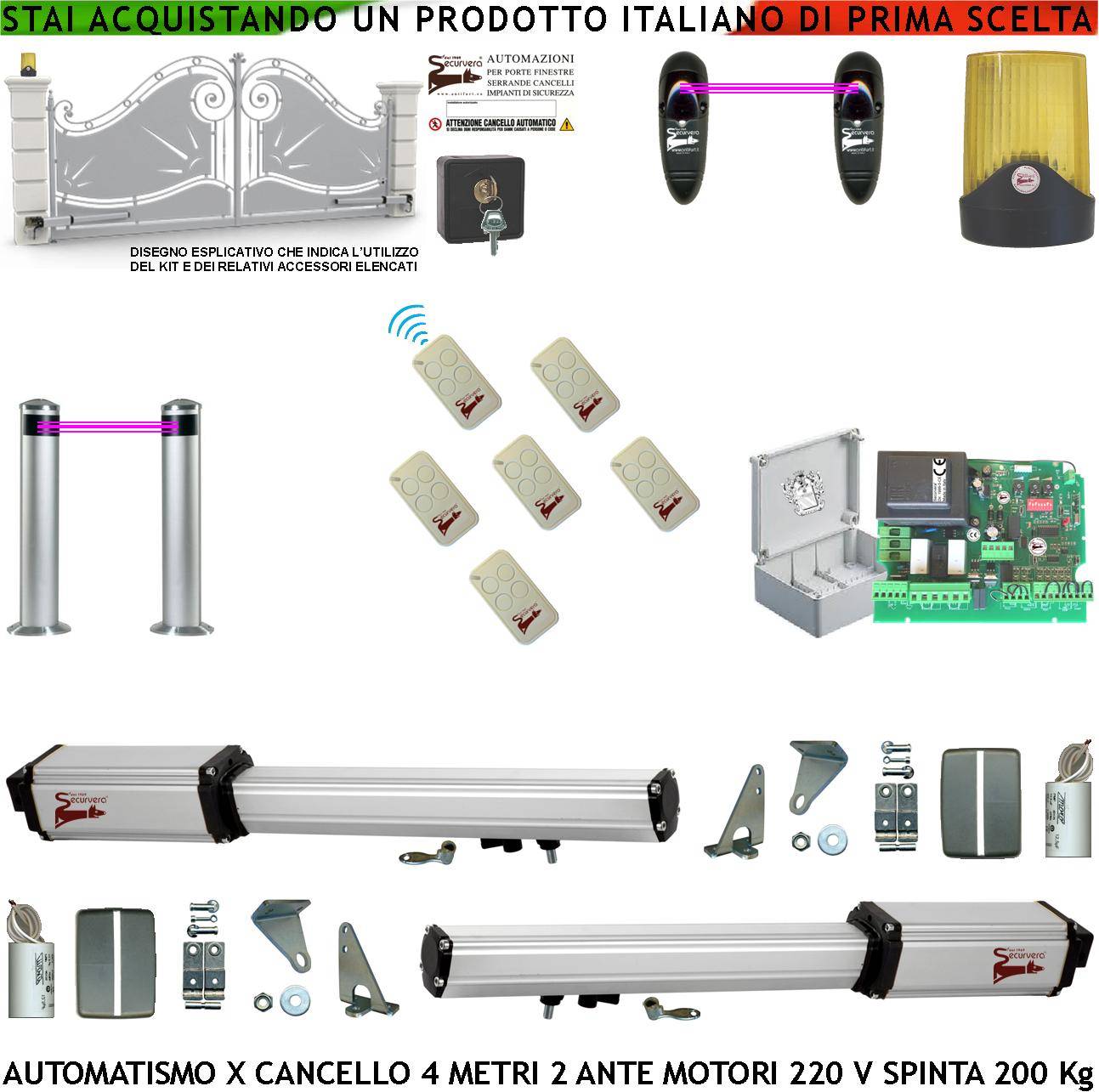 Apricancello 4 Metri 2 Ante da 2 MT Kit Motori Elettromeccanici 230 V Sblocco Corsa 300 mm Spinta 2 Q.tali Staffe 2 Co-0