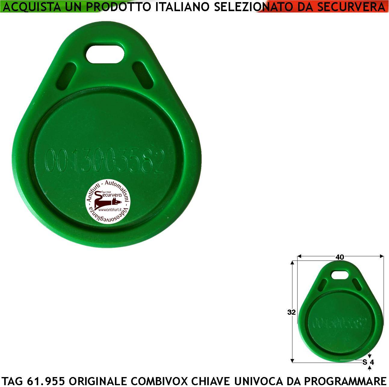 Chiave Elettronica di Prossimità TAG RFID Alta Sicurezza Codice Base Combivox 61.955 Univoco Frequenza di Lavoro 125 K-0