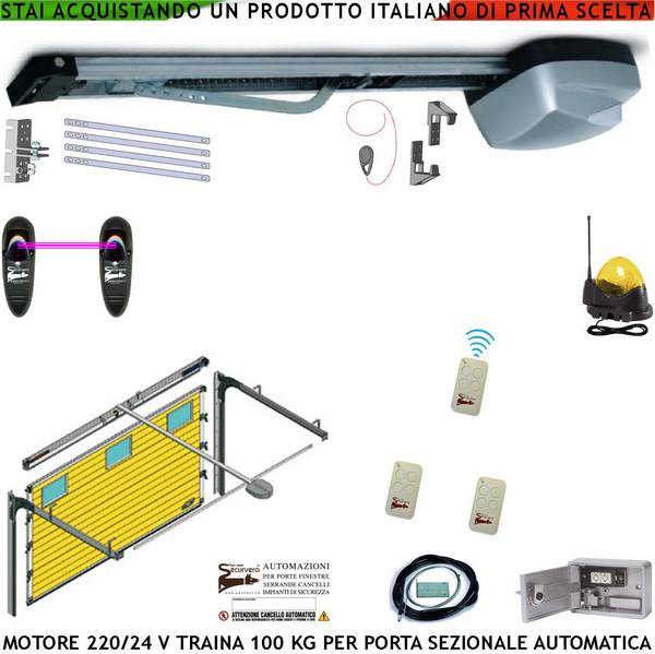 Automatismo Per Porta Sezionale Motore 220/24 V Traina 100 Kg 2 Radiocomandi Fotocellula Faro a 12 Led Blindino Cordin
