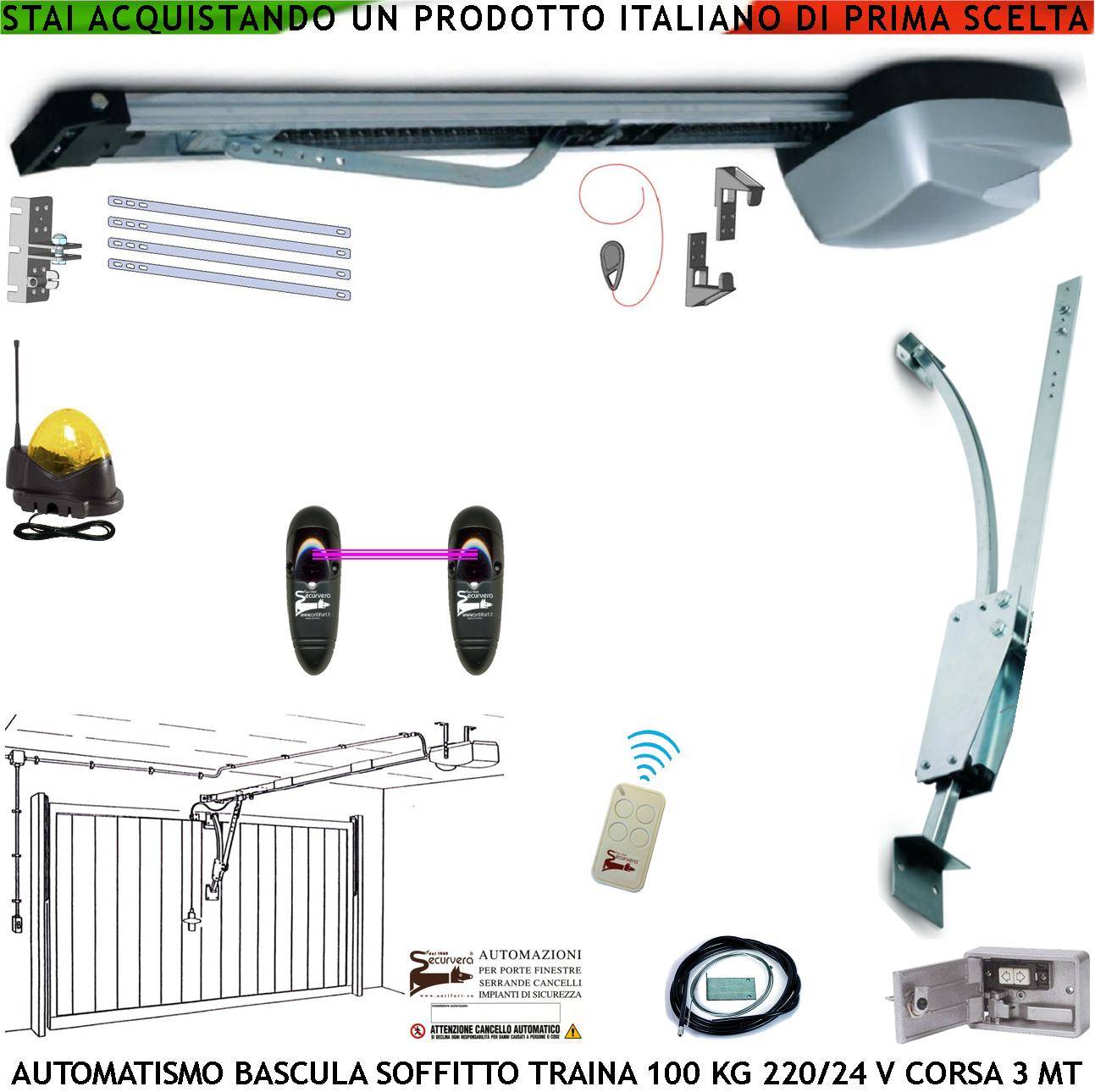 KIT AUTOMATISMO AUTOREVERSE PORTE BASCULANTI 220-24 V TRAINA 100 KG RADIOCOMANDO FOTOCELLULE ARCHETTO BLINDINO SBLOCCO-0