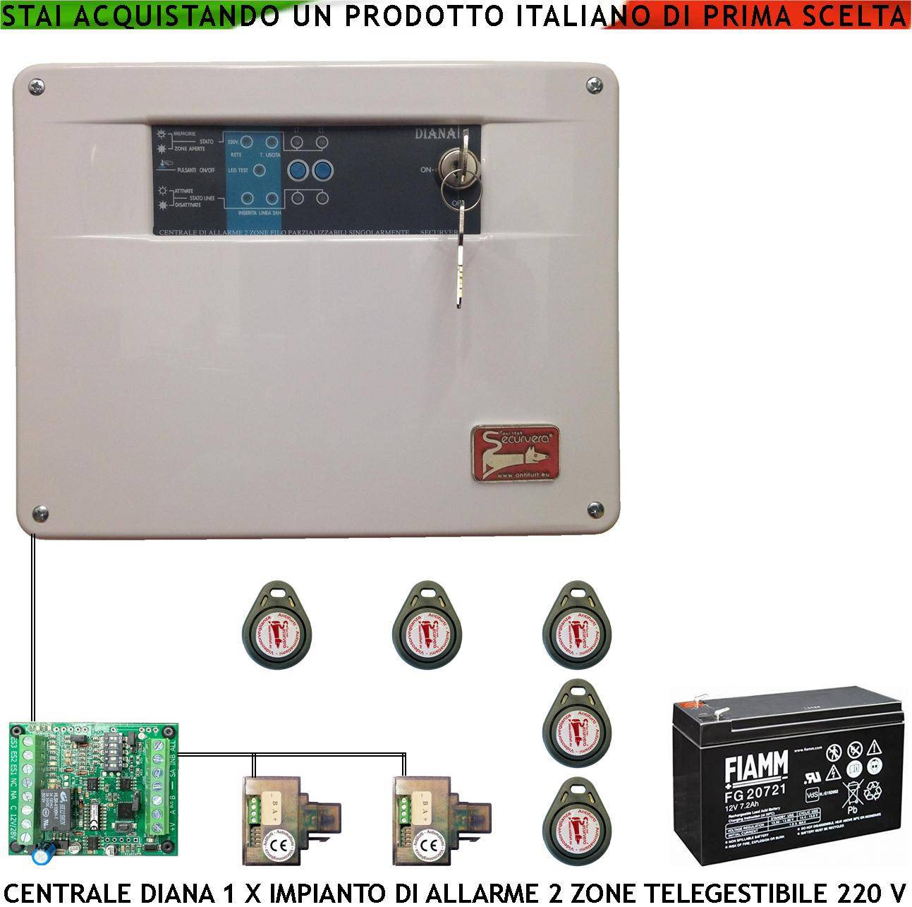 Centrale Antifurto Diana 2 Zone 5 Chiavi TAG 2 Lettori e 2 Meccaniche Batteria 12 V 7 Ah Per Impianto Via Filo. Gestis-0