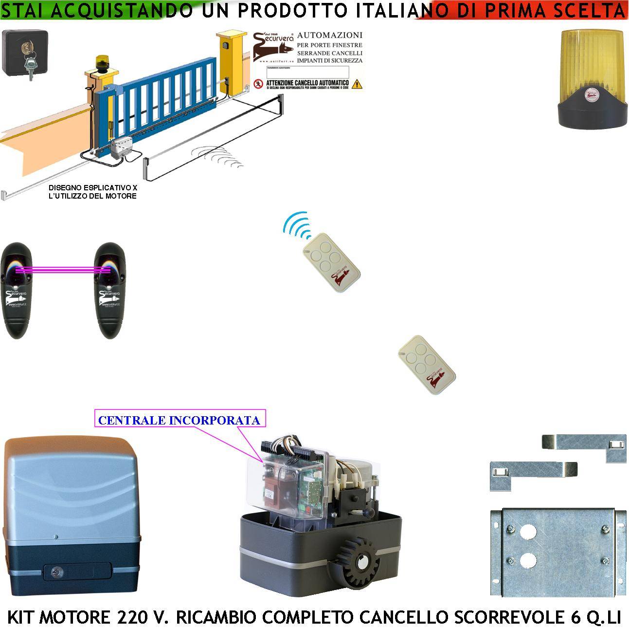 Motore 230 V Con Centrale per Cancello Scorrevole Traina 6 Q.li 2 Radiocomandi Faro Selettore Coppia Fotocellule Pigno-0