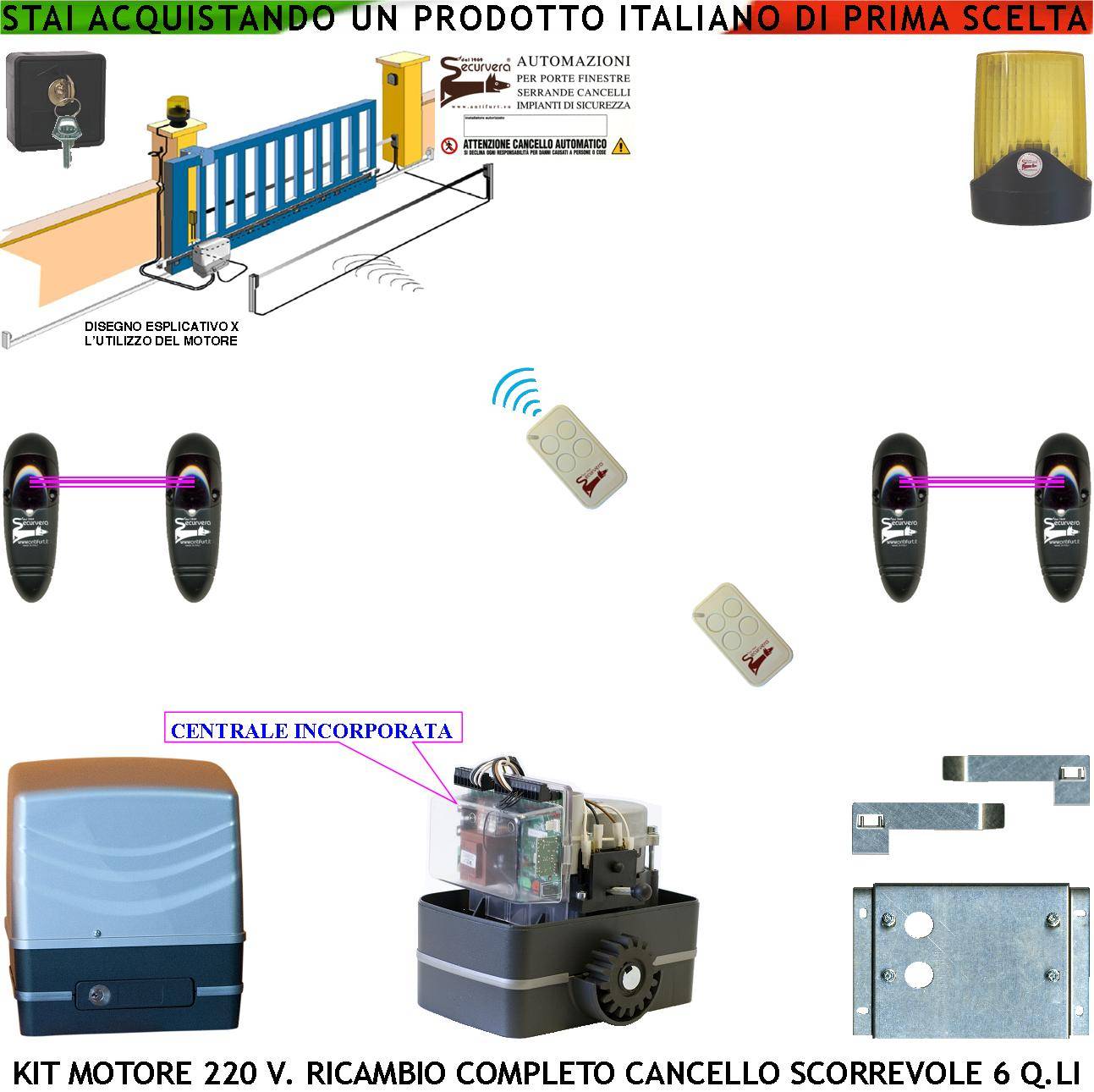 MOTORE 220 V CON CENTRALE PER CANCELLO SCORREVOLE TRAINA 6 QUINTALI 2 RADIOCOMANDI FARO SELETTORE 2 COPPIE FOTOCELLULE-0