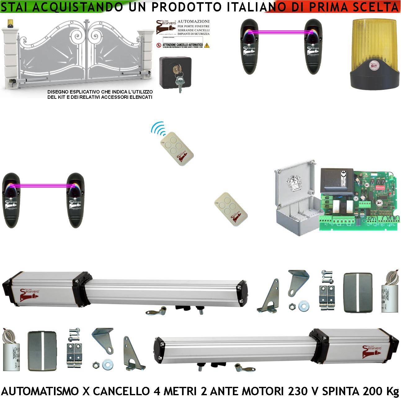 Cancello Elettrico 4 Metri 2 Ante da 2 MT Kit Base 2 Motori Elettromeccanici 230 V Sblocco Corsa 300 mm Spinta 2 Q.li-0