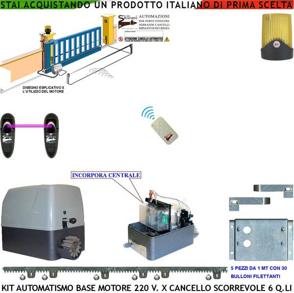 AUTOMATISMO CANCELLO SCORREVOLE KIT MOTORE 220 V 250 W TRAINA 6 QUINTALI RADIOCOMANDO 5 METRI CREMAGLIERA FOTOCELLULE