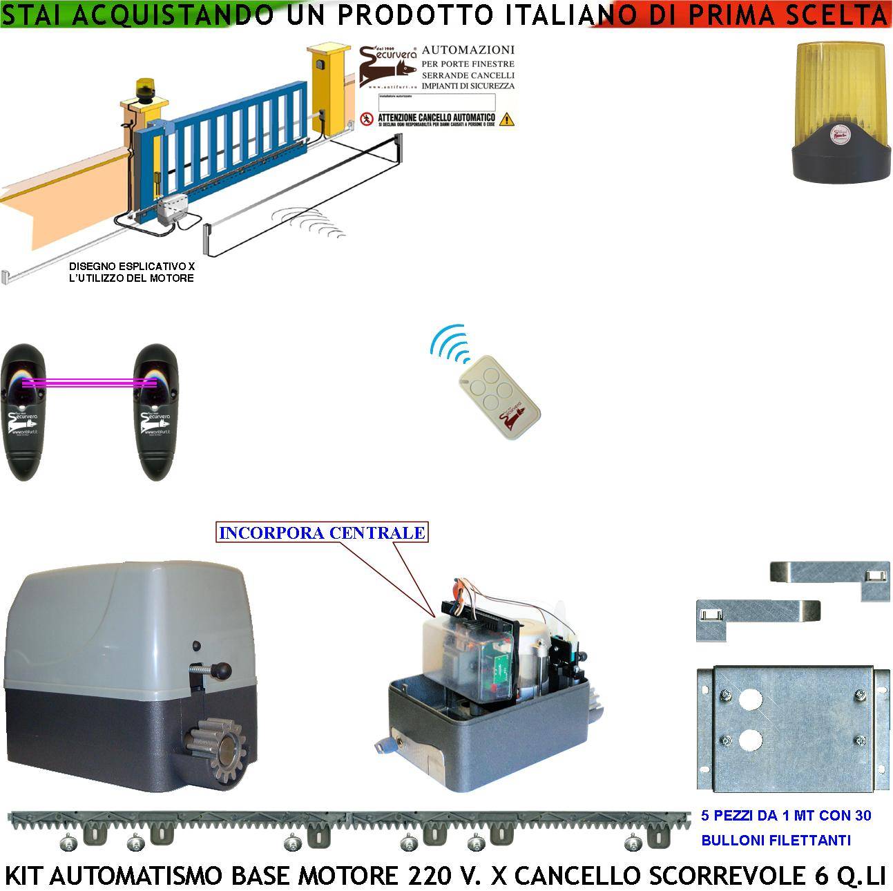 AUTOMATISMO CANCELLO SCORREVOLE KIT MOTORE 220 V 250 W TRAINA 6 QUINTALI RADIOCOMANDO 5 METRI CREMAGLIERA FOTOCELLULE-0