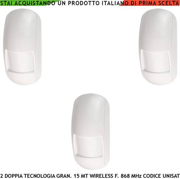 Sensore Movimento 3 Pezzi Doppia Tecnologia Antifurto Radio Copertura 15 Metri Grandangolo da Interno Fr. 868MHz Bidir