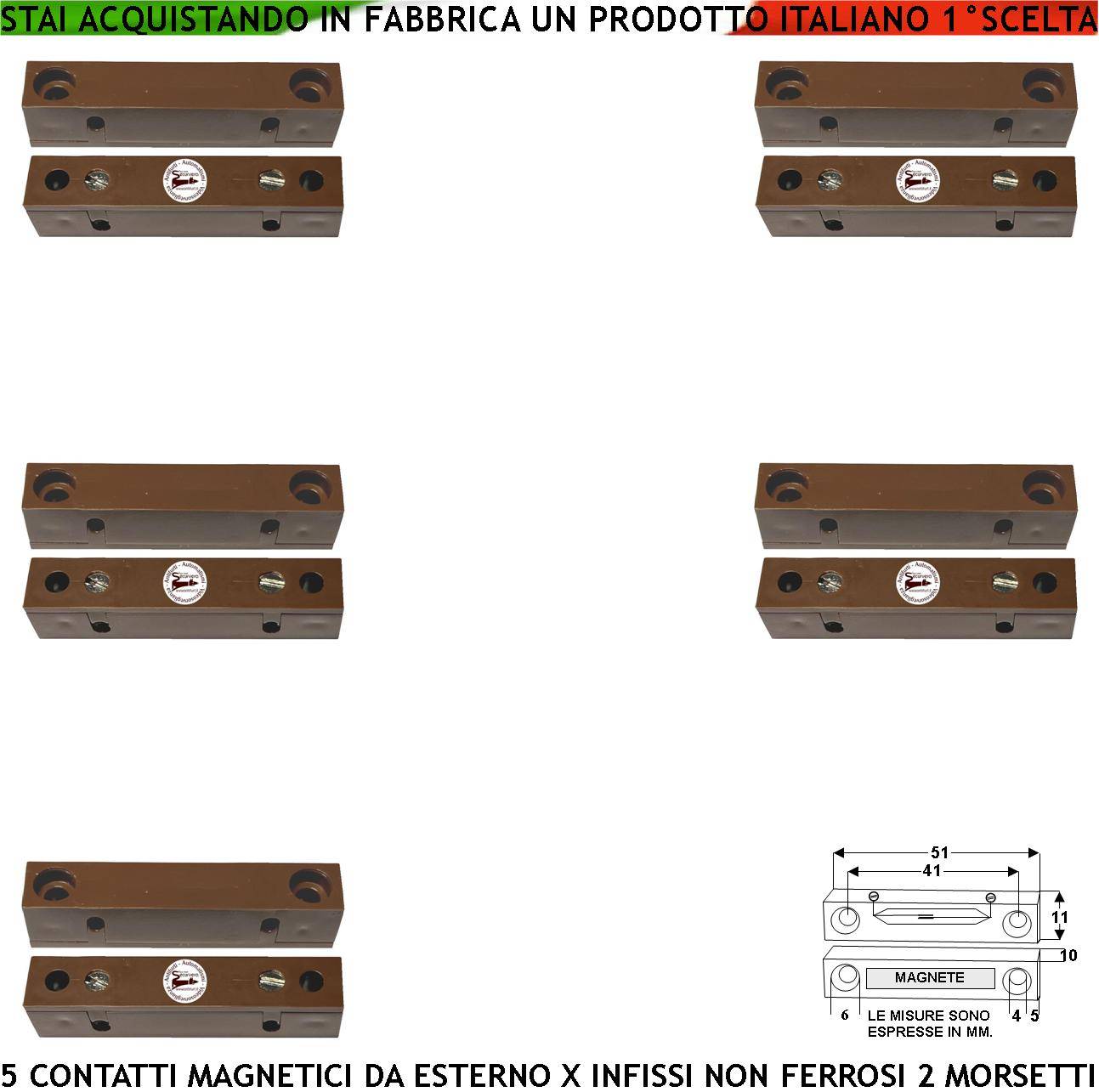 Rilevatore Magnetico Esterno 5 Pezzi Allarme Infissi Non Ferrosi Contatto Reed Uscita NC Sensibilità Magnetica 13 mm T-0